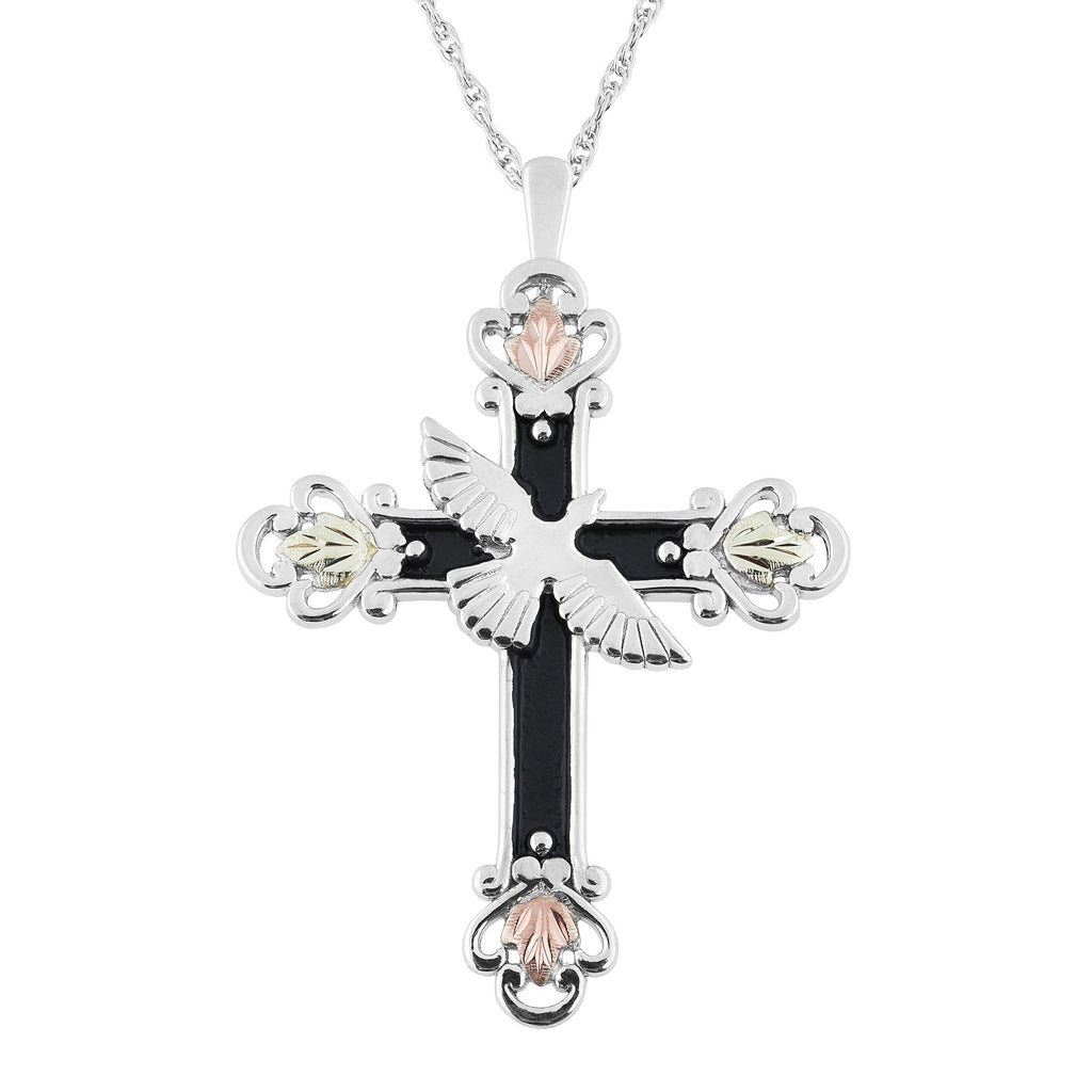 Antiqued Dove Cross - Sterling Silver Black Hills Gold Pendant