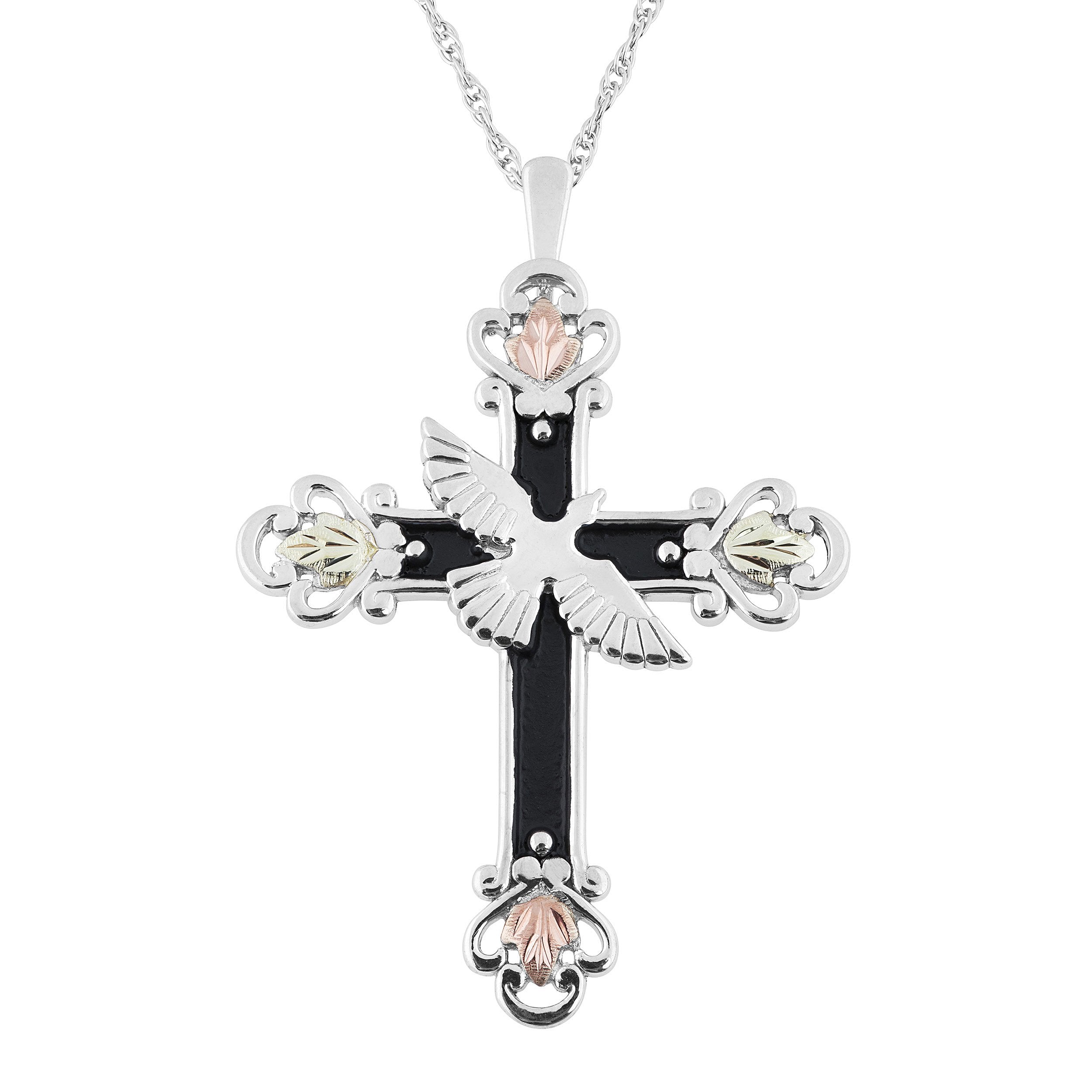 Antiqued Dove Cross - Sterling Silver Black Hills Gold Pendant