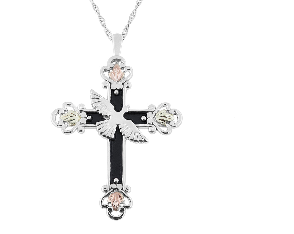 Antiqued Dove Cross - Sterling Silver Black Hills Gold Pendant