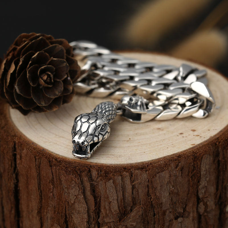 Trendy Thai Silver Snake Head Men's Bracelet in Sterling Silver